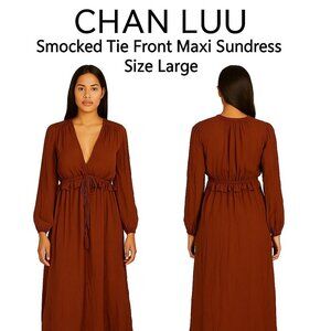 Chan Luu Bohemian Brown Smocked Waist Tie Front Maxi Dress Size Large